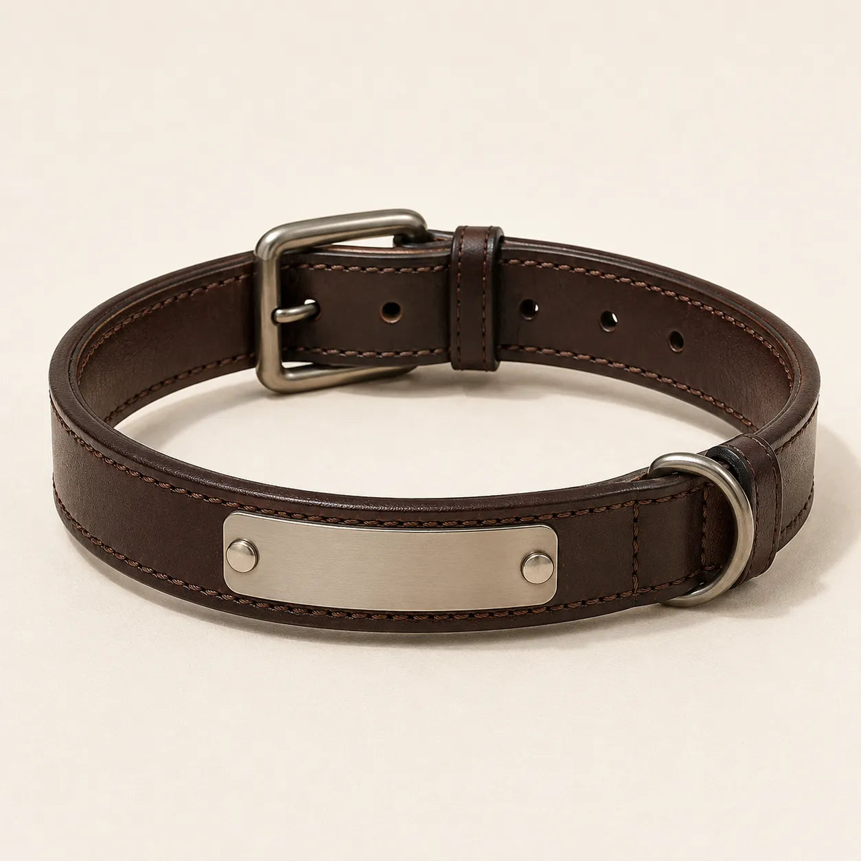 Personalized brown leather dog collar with blank nameplate concept sample
