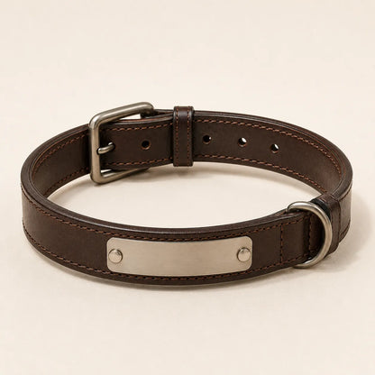 Angled view of personalized leather dog collar with metal nameplate
