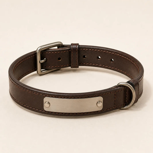 Angled view of personalized leather dog collar with metal nameplate