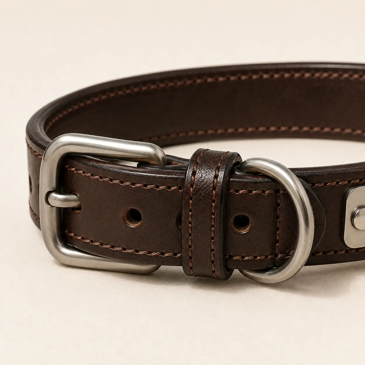 Buckle hardware stitching and leather edge detail on nameplate dog collar