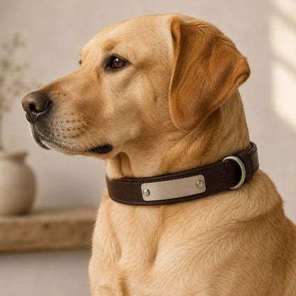 Dog wearing personalized leather collar with blank nameplate