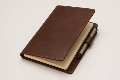 Angled leather notebook cover with blank insert and plain pen loop