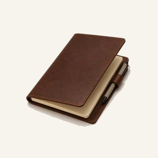 Angled leather notebook cover with blank insert and plain pen loop