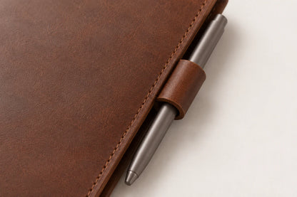 Close-up of stitched leather pen loop on personalized notebook cover