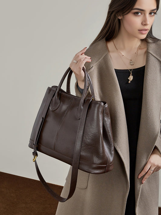 Pleated Genuine Leather Top Handle Tote Bag - image 3