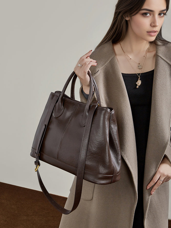 Pleated Genuine Leather Top Handle Tote Bag - image 3