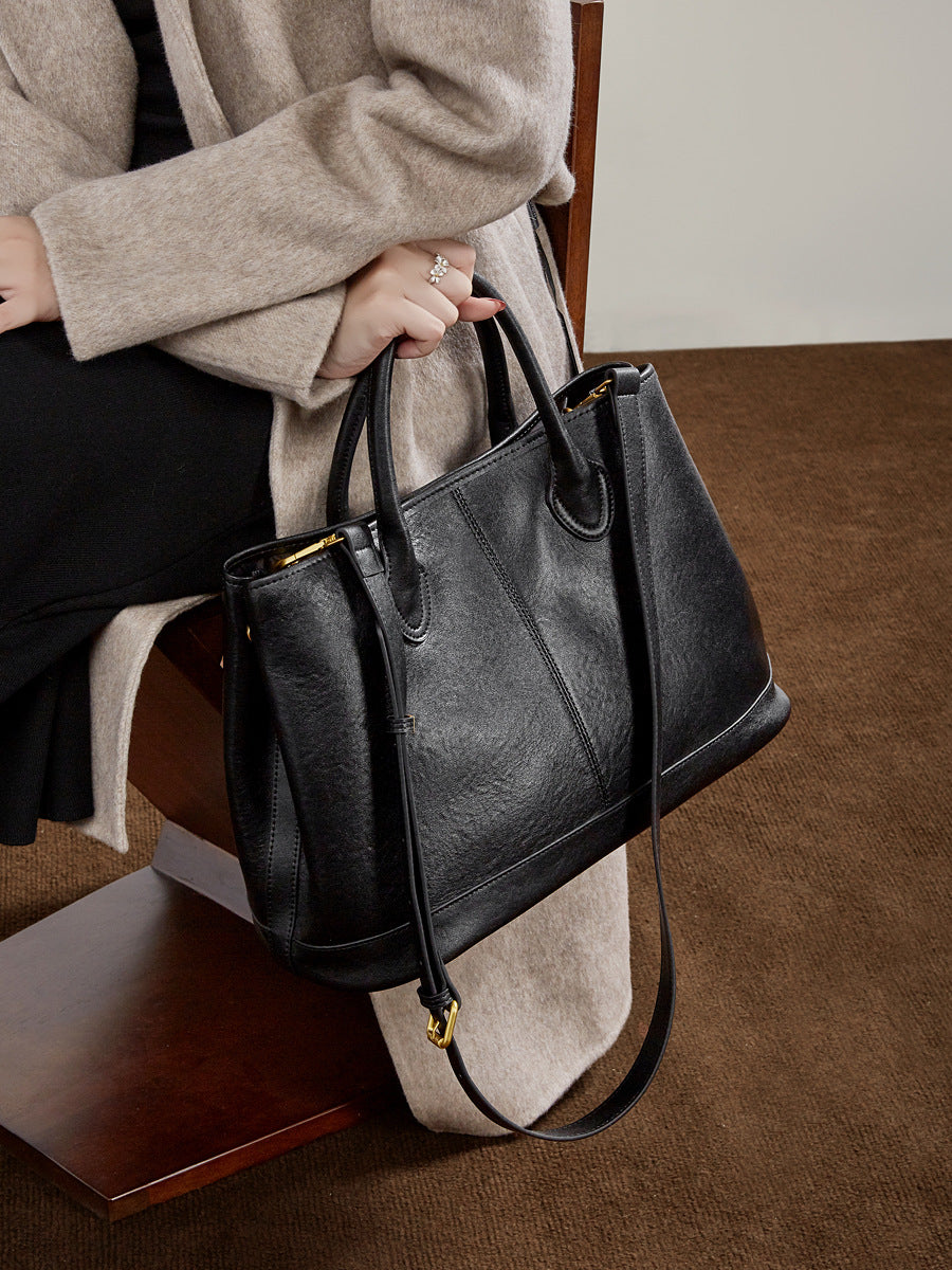 Pleated Genuine Leather Top Handle Tote Bag - image 4
