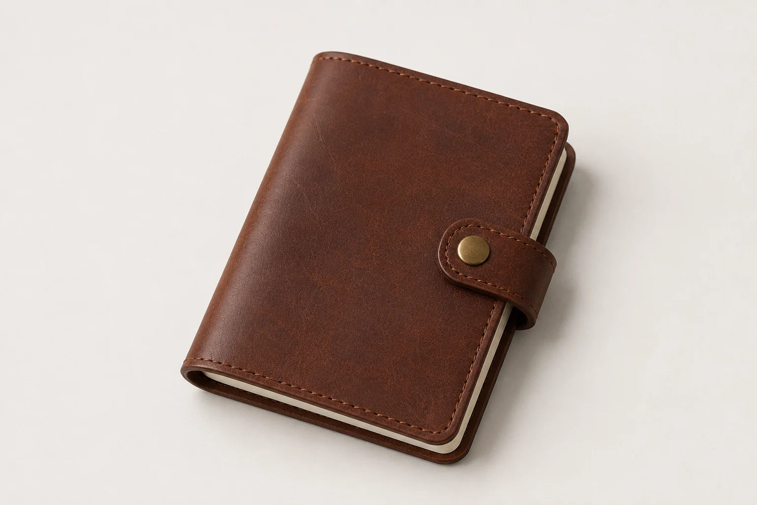 Pocket brown leather notebook cover with snap closure for OEM wholesale production