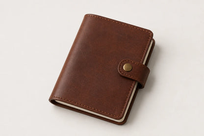 Pocket brown leather notebook cover with snap closure for OEM wholesale production