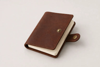 Angled compact leather notebook cover with blank insert and snap tab