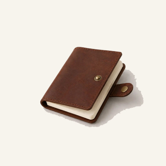 Angled compact leather notebook cover with blank insert and snap tab