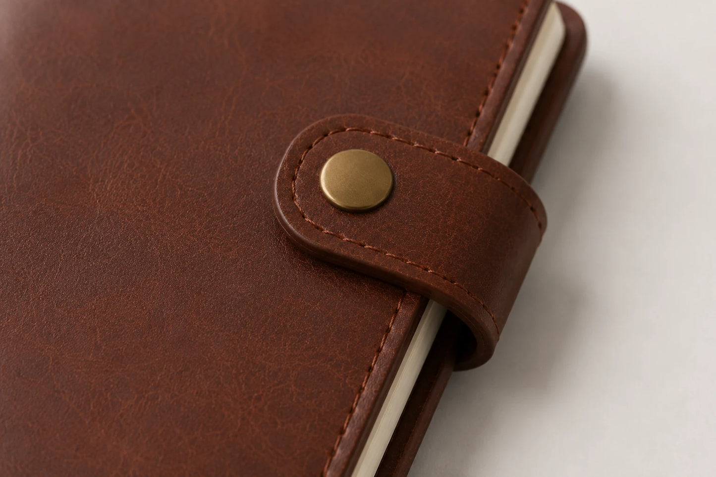 Close-up of metal snap button closure on pocket leather notebook cover