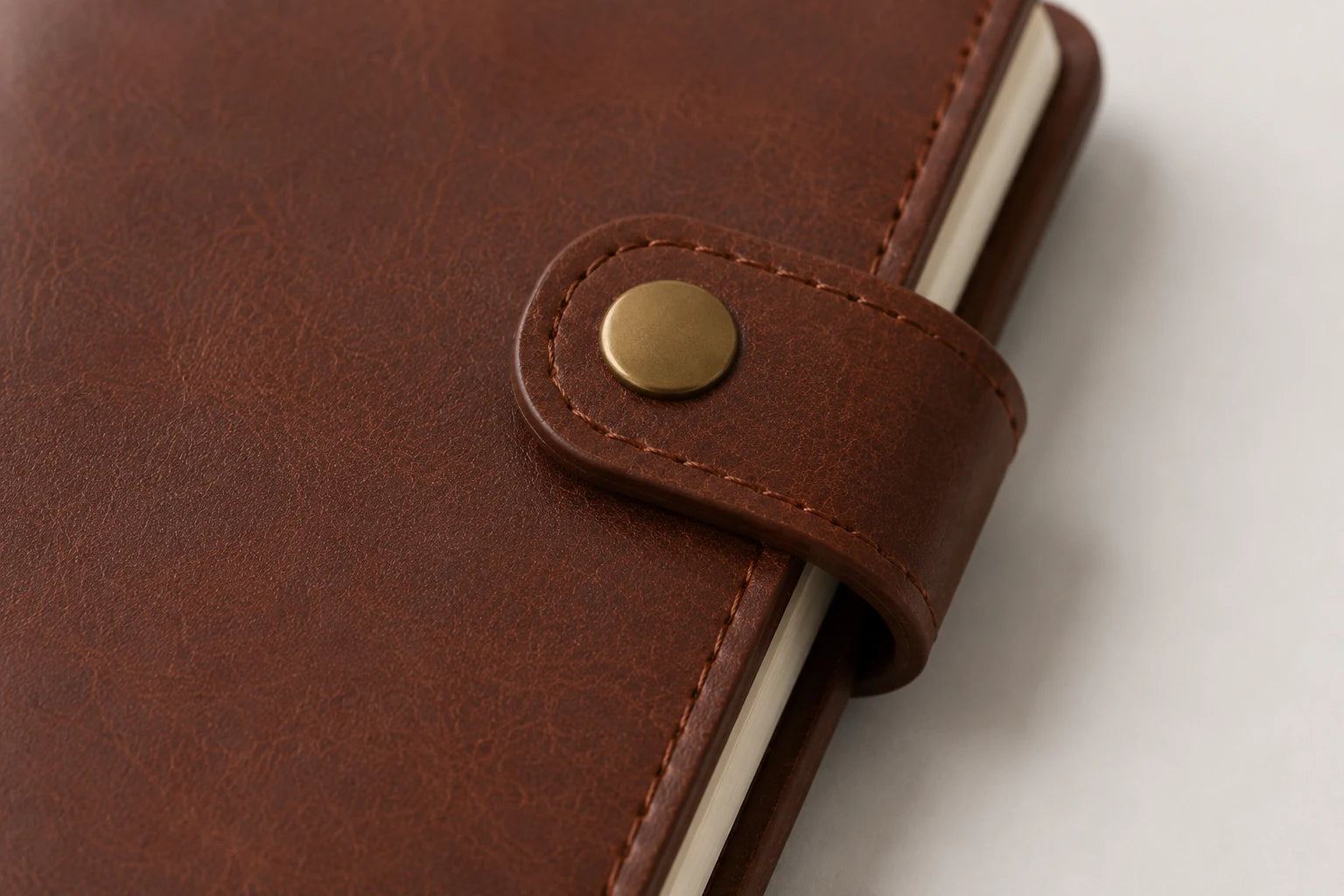 Close-up of metal snap button closure on pocket leather notebook cover