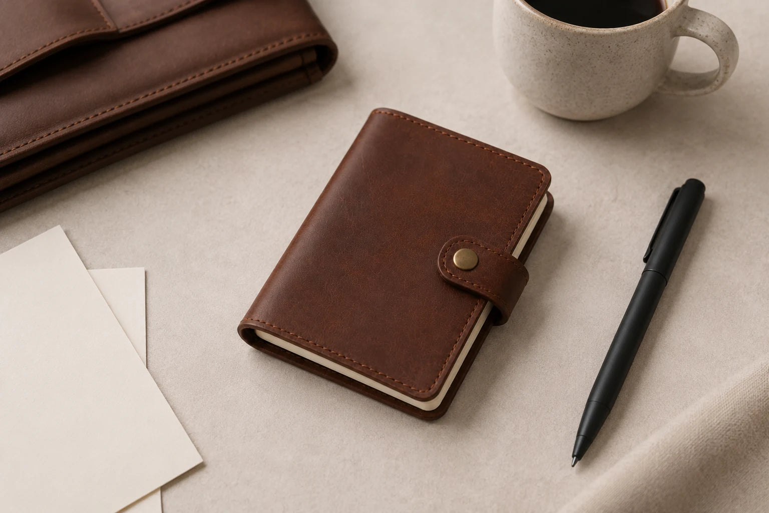 Pocket leather notebook cover on neutral desk for gift sourcing