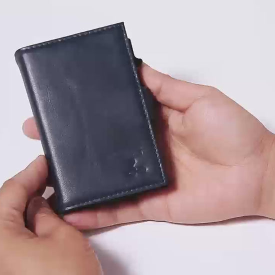 Navy genuine leather RFID pop-up aluminum card holder - product video