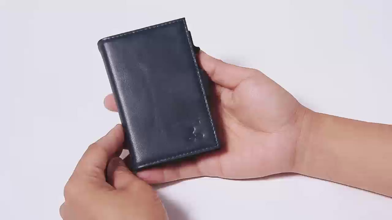 Navy genuine leather RFID pop-up aluminum card holder - product video