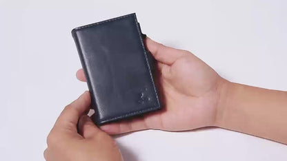 Navy genuine leather RFID pop-up aluminum card holder - product video