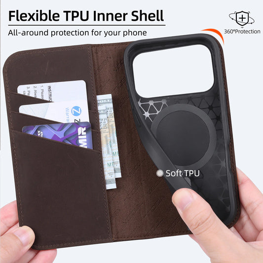 Private label crazy horse leather folio case for iPhone 18 Pro Max wholesale OEM development - image 2