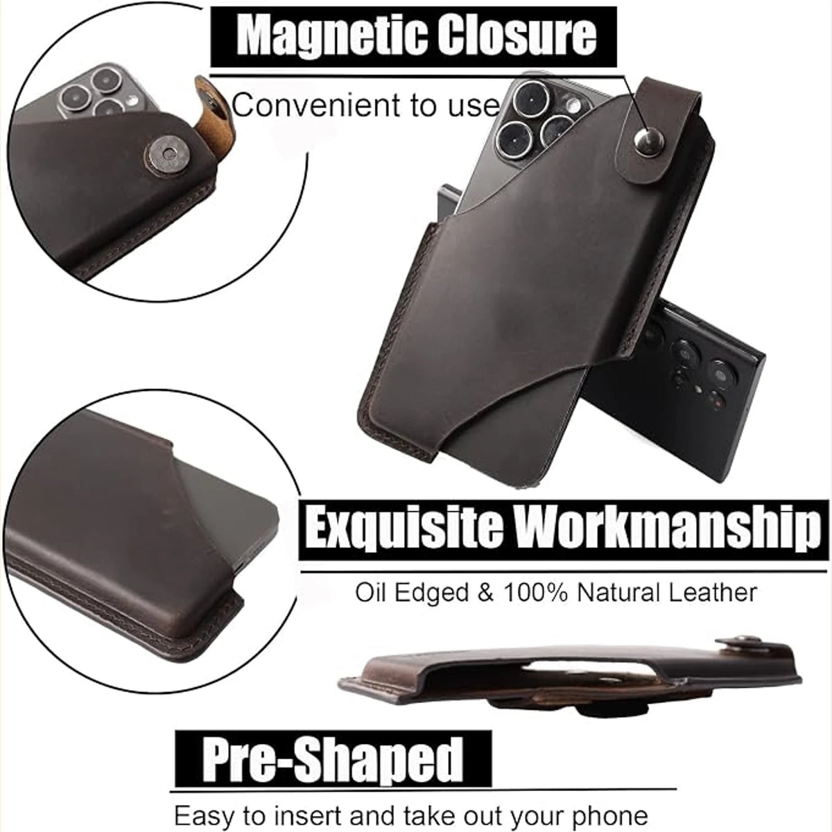 Private label natural leather horizontal belt phone holster for wholesale OEM production - image 4