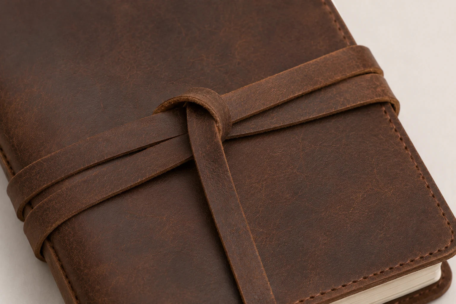 Close-up of oil-waxed leather wrap strap closure on travel journal