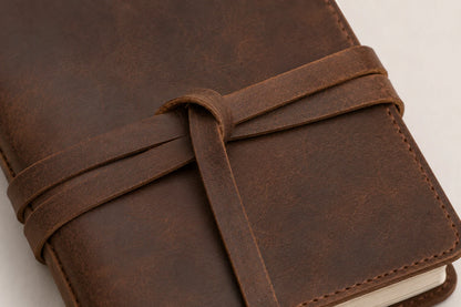 Close-up of oil-waxed leather wrap strap closure on travel journal