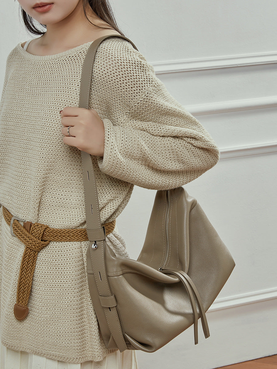 Soft Genuine Leather Drawstring Bucket Shoulder Bag - image 1
