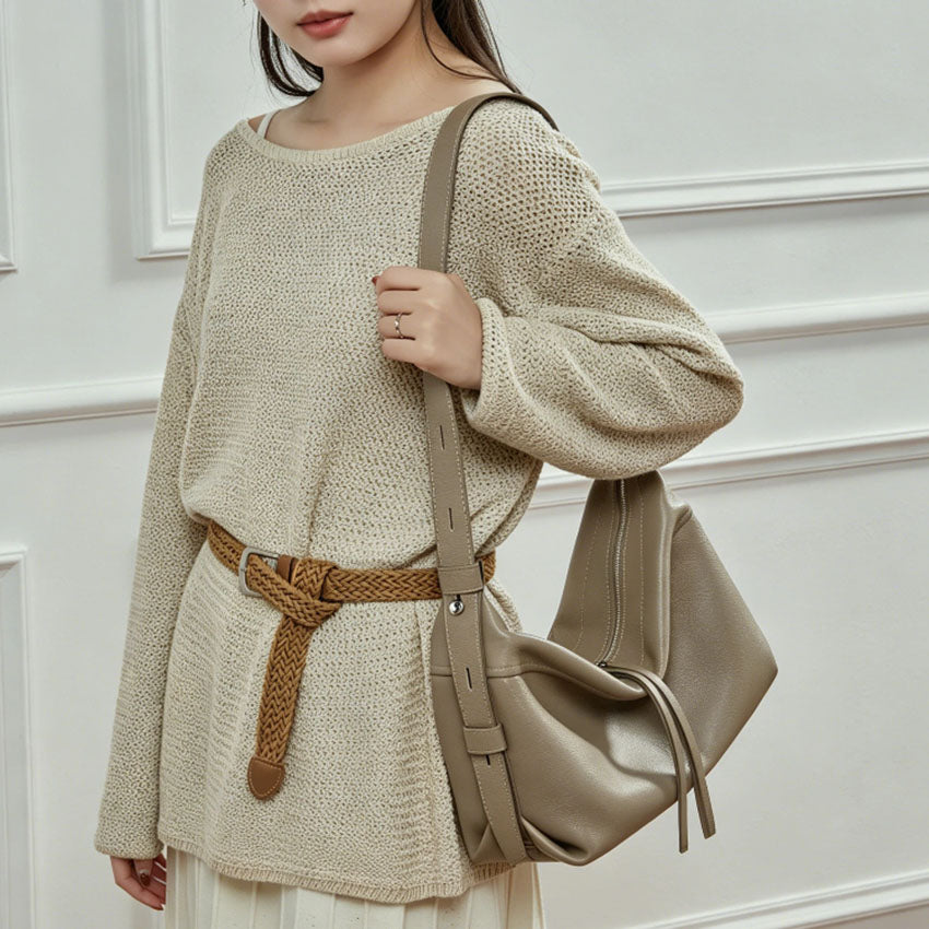 Soft Genuine Leather Drawstring Bucket Shoulder Bag - image 4