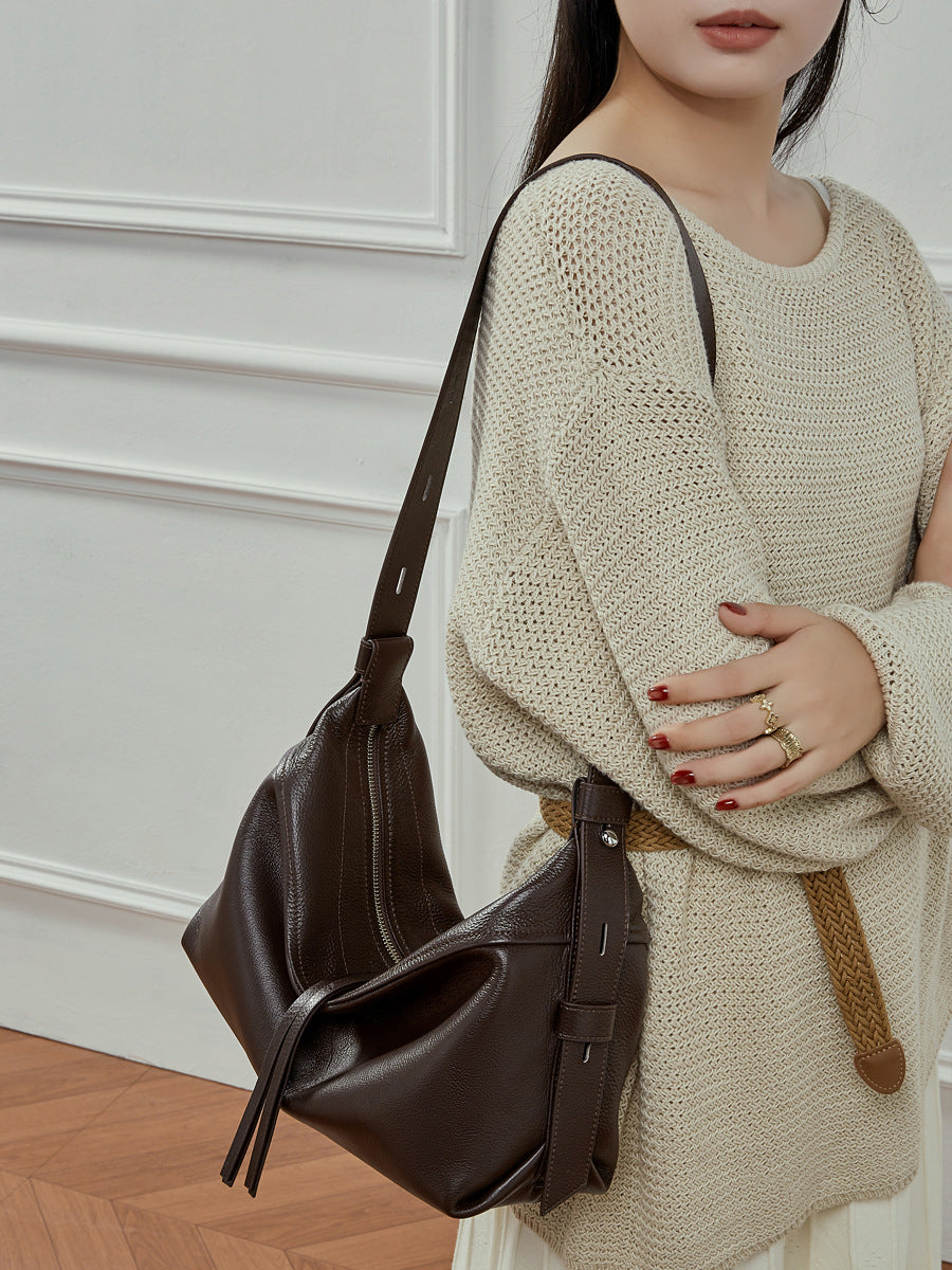 Soft Genuine Leather Drawstring Bucket Shoulder Bag - image 6
