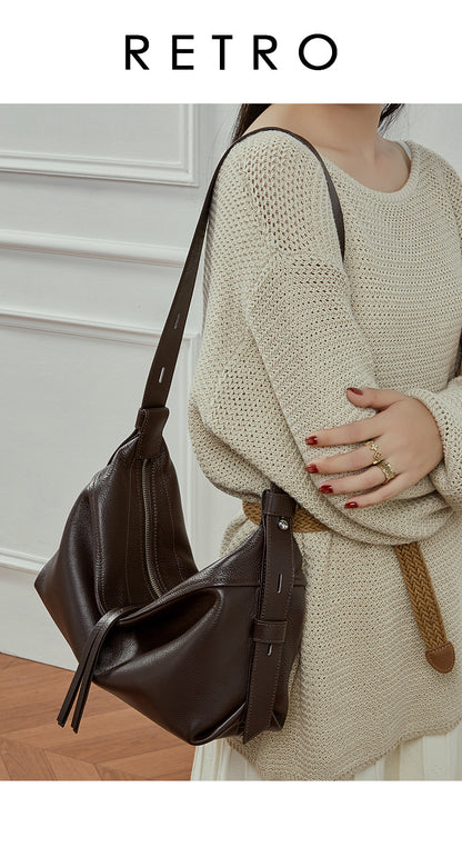 Soft Genuine Leather Drawstring Bucket Shoulder Bag - image 8