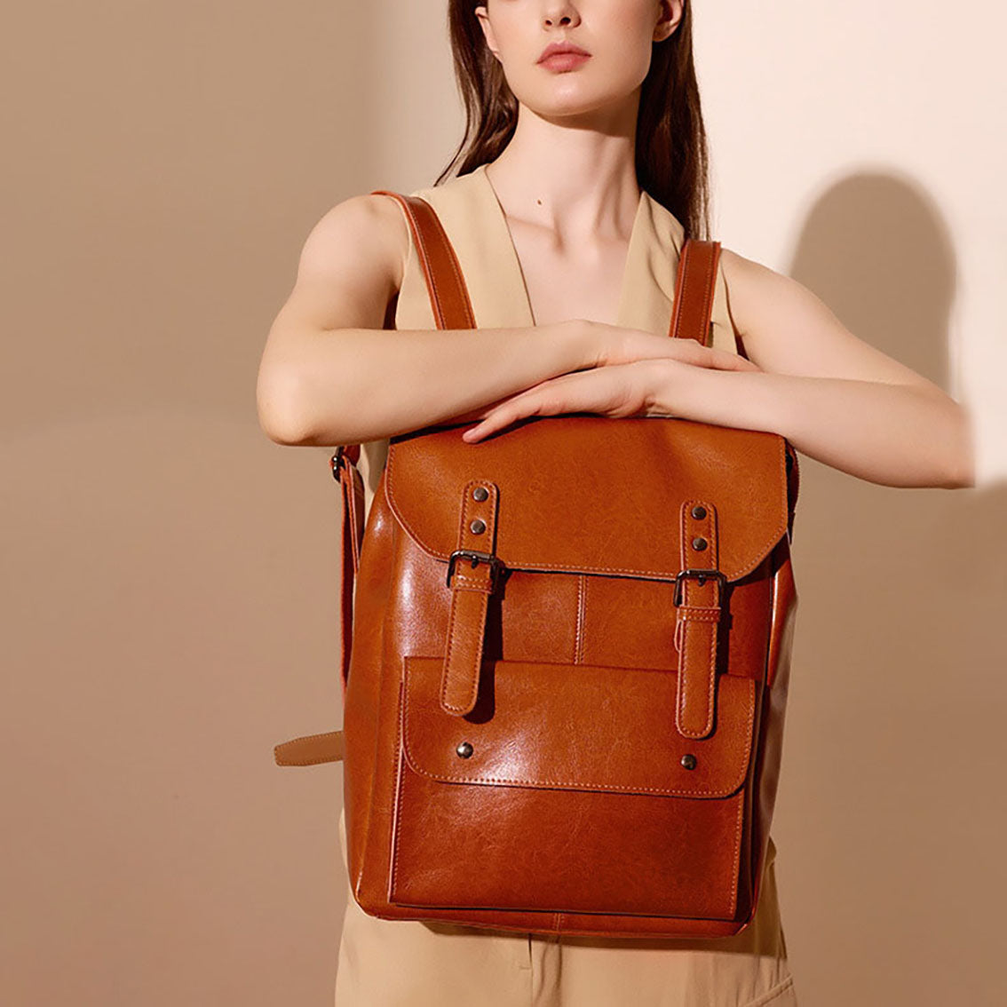 Square Genuine Leather Backpack