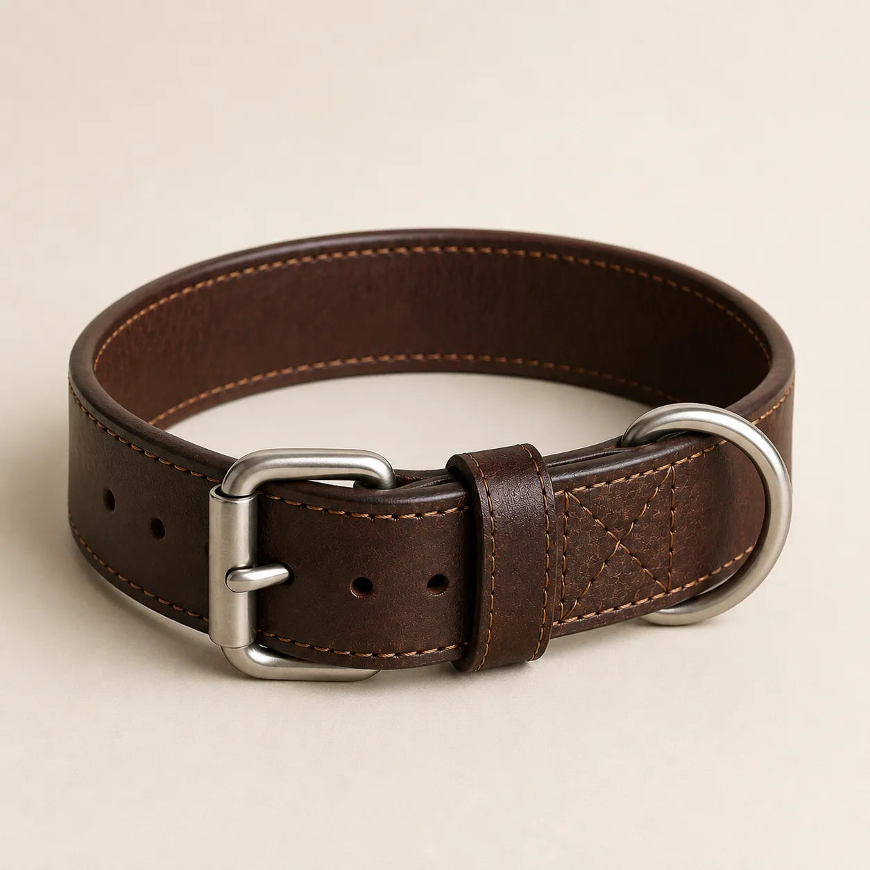 Angled view of wide leather dog collar with heavy-duty hardware