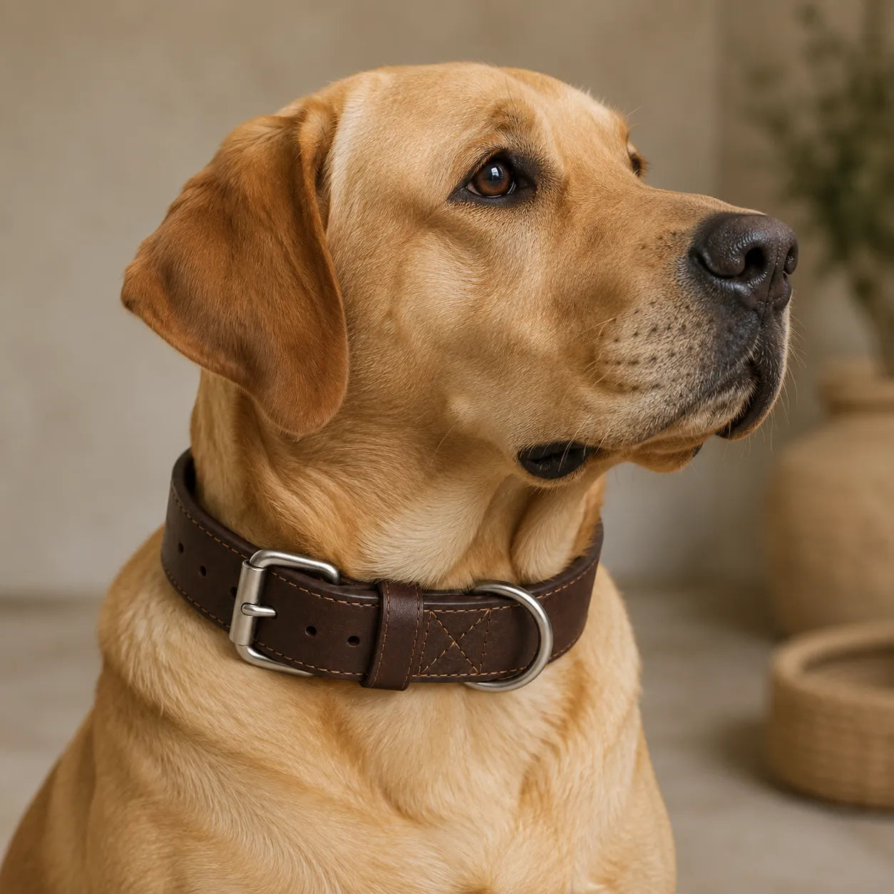 Large dog wearing wide brown leather collar concept sample