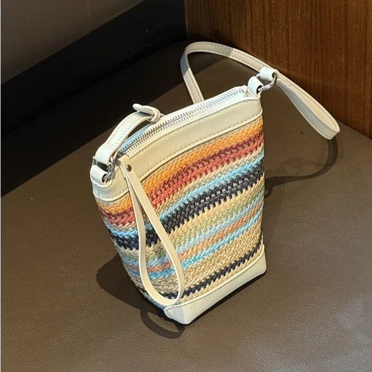 Woven Panel Genuine Leather Phone Crossbody Bag - image 1