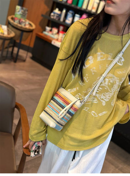 Woven Panel Genuine Leather Phone Crossbody Bag - image 7