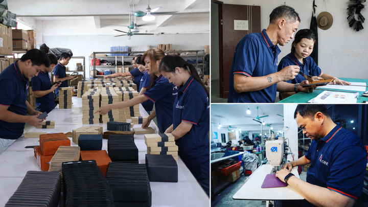 Aarons Leather team reviewing samples, stitching and preparing bulk orders