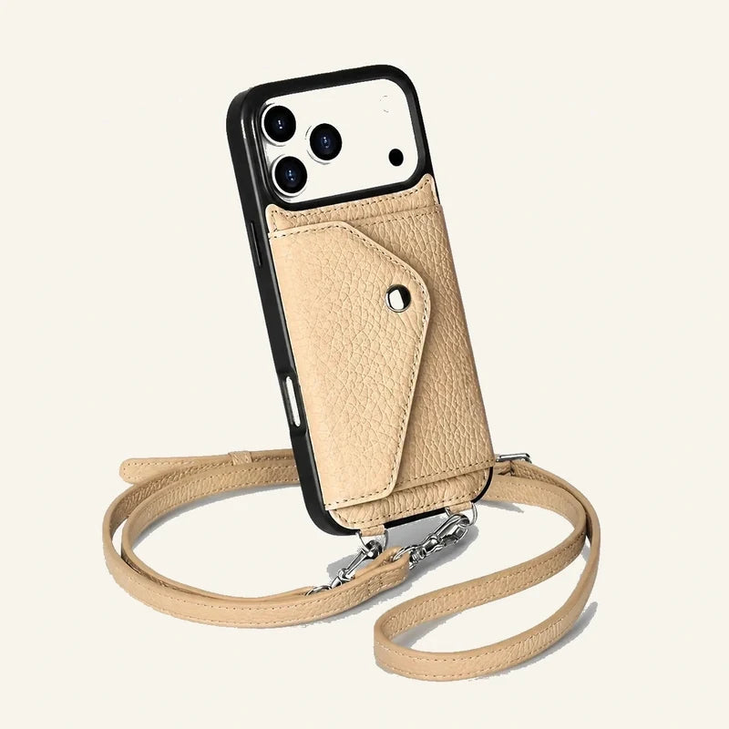 Funda tipo cartera de cuero premium con correa bandolera para iPhone 17, Samsung Galaxy S y modelos de teléfono personalizados — original color preview image
