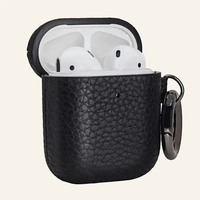 AirPods-/Kopfhörerhülle für AirPods und individuelle Kopfhörermodelle aus schwarzem genarbtem Leder (Großhandel/OEM) — original color preview image