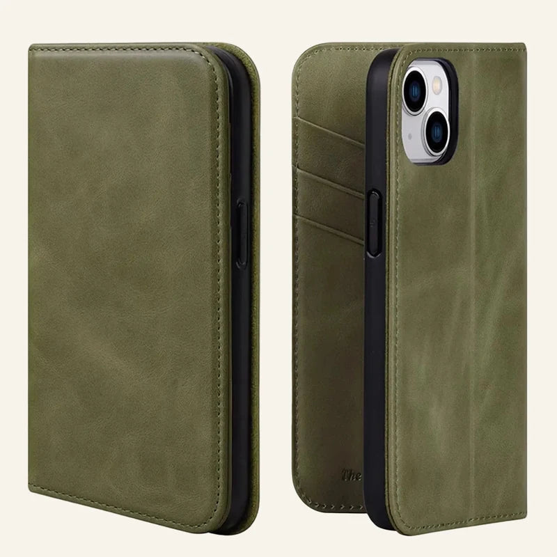 Green Genuine Leather Magnetic Phone Case for iPhone 15 Series — Custom OEM — original color preview image