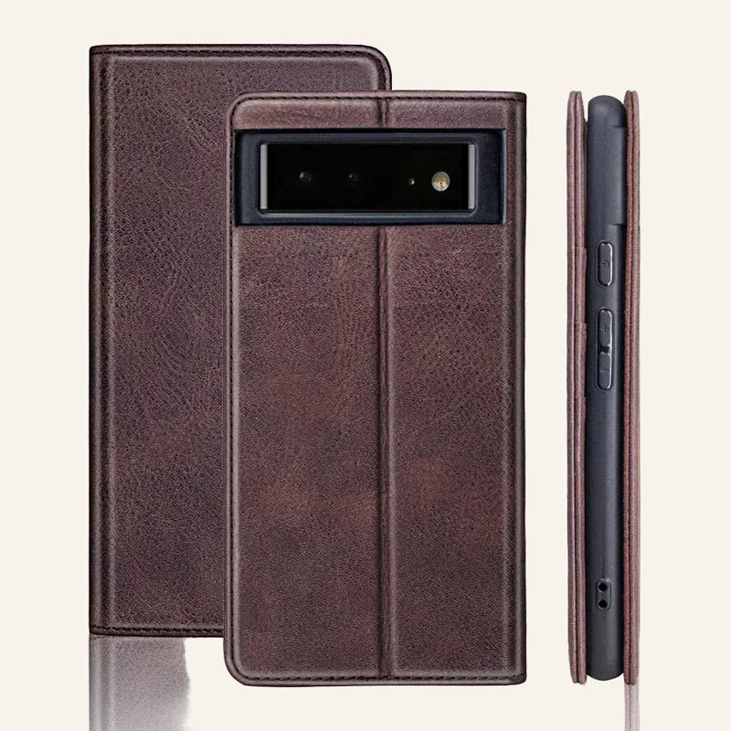 Brown Genuine Leather Folio Wallet Phone Case for Google Pixel 6 Series — Custom OEM — original color preview image